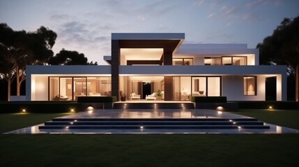 A sleek modern house with floor-to-ceiling windows, softly illuminated from within, casting a warm glow onto the surrounding landscape as dusk settles