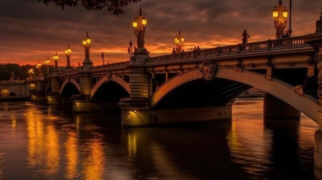 Sunset Glow on Ornate Bridge over Calm River