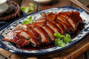 Sliced Chinese style roast duck on a plate