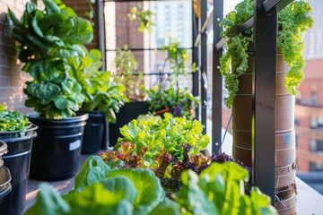 Small urban patio garden with planter lettuces and compost tower - obrazy, fototapety, plakaty
