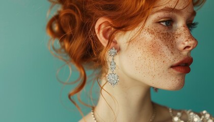 Stunning redhead adorned in lavish silver jewelry poses in studio on blue background Close up profile portrait for jewelry advertising Copy space a