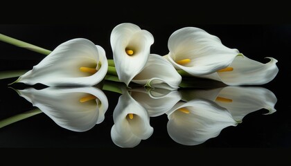 Stunning reflections of Calla lilies against a dark backdrop