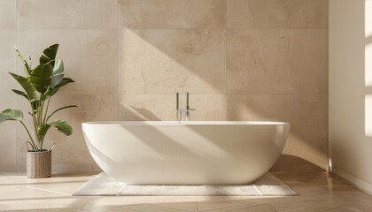 Naklejka na ściany i meble Stunning white bathtub complementing beige bathroom wall Design