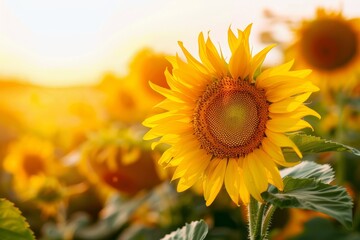 Stunning sunset view of blooming sunflower field Summer landscape with vibrant flowers and golden light Harvest concept