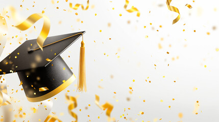 Banner for graduation invitation design. Graduation caps, gold confetti and streamers on a light white background with copy space for text. registration of the graduation ceremony on social networks.