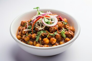 Spicy chickpea curry on white background