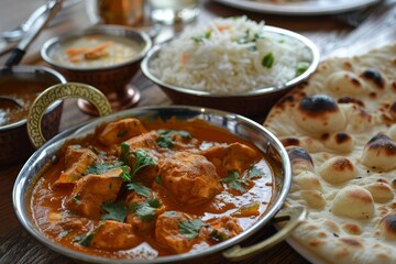 Spicy chicken rice and naan in Indian curry