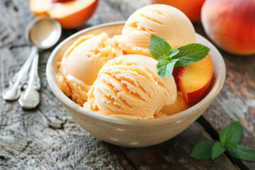 Peach Ice Cream with Fresh Fruit Slices. A bowl of homemade peach ice cream accompanied by fresh peach slices and a mint leaf.	
 - obrazy, fototapety, plakaty