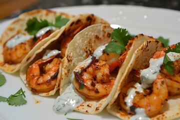 Spicy homemade shrimp tacos with lime yogurt cilantro
