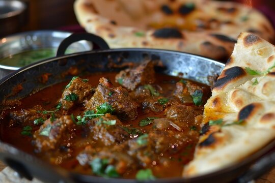 Spicy Indian lamb curry in steel karahi with naan