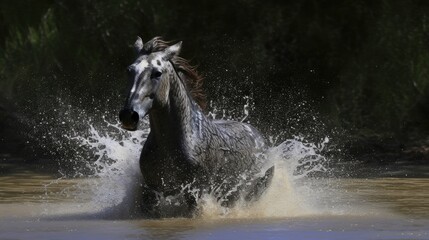 Dappled Grey Horse Frolicking in River with Splashes Against Dense Greenery