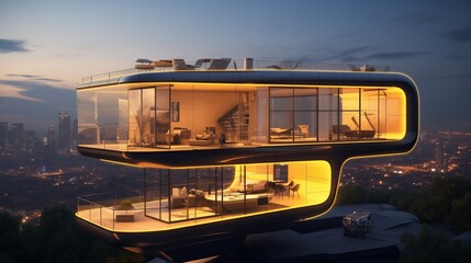 A futuristic house with sleek yellow panels, illuminated by soft evening light, standing out amidst the city skyline, symbolizing innovation and modernity.