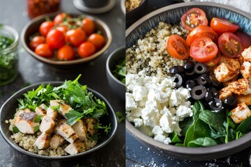 Step by step process of making Quinoa and Chicken Buddha Bowl with olives tomatoes spinach parsley onion and feta