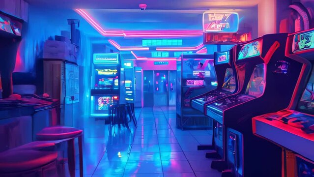 Slow motion video of Retro arcade room filled with neon lights and classic gaming cabinets