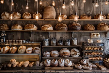 Eco-friendly bakery store with wooden wall, parquet floor, variety of bread, bun, snack on shelf for healthy shopping lifestyle, interior design decoration background