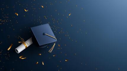 top view of Graduation caps with gold tassels, on an elegant dark navy blue background with a golden bokeh effect. graduation invitation with space for text