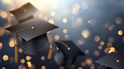 Graduation caps with gold tassels, on an elegant dark blue background with a golden bokeh effect. graduation invitation with space for text