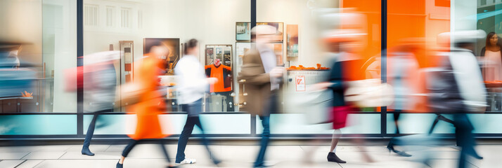 City Life in Motion. Pedestrians Walking Past Shop Windows. motion blur. Shoppers Pass by Storefront Display