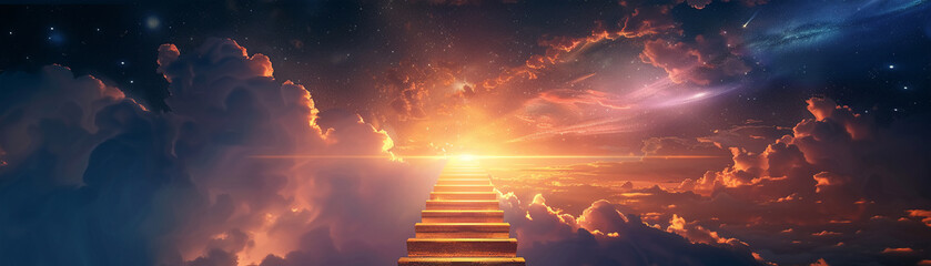 A ladder extending towards a glowing goal in the sky, each rung representing steps of progress and achievement - obrazy, fototapety, plakaty