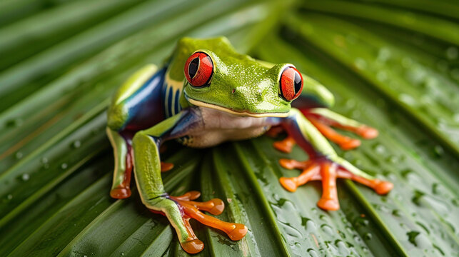 Red Eyed Amazon Tree Frog on a palm tree leaf
