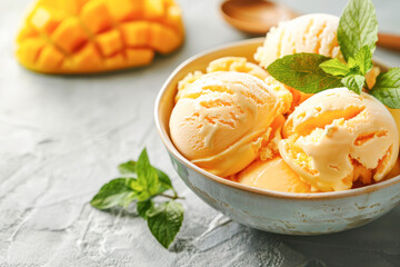 Mango Sorbet with Fresh Mango and Mint. A refreshing bowl of mango sorbet garnished with fresh mango cubes and a sprig of mint.	 - obrazy, fototapety, plakaty