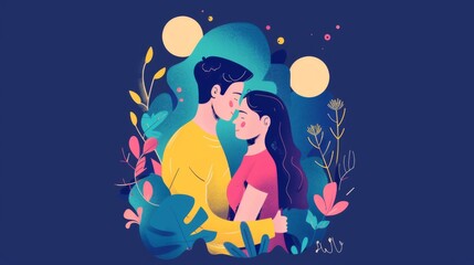 Man and Woman Kissing in Front of Blue Background