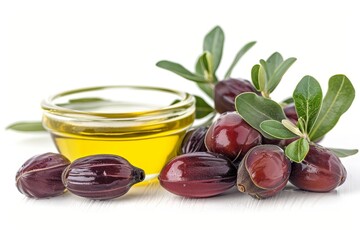 Jojoba fruits with oil on white background for cooking