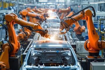 Industrial Robotic Arms Performing Automated Welding Tasks on a Car Assembly Line, Showcasing the Concept of Advanced Manufacturing.