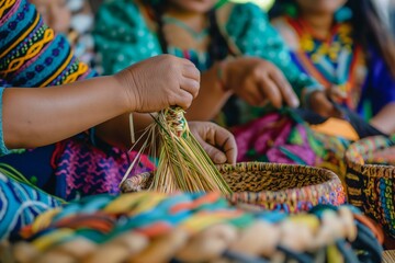 Indigenous Youth Engaged in Traditional Basket Weaving with Colorful Attire - obrazy, fototapety, plakaty