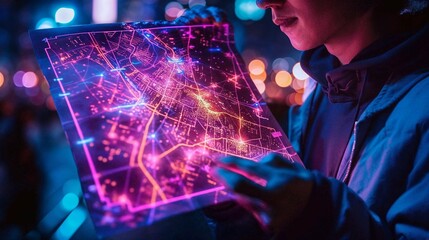 An individual inspecting a neon-infused city map against a backdrop of metropolitan night lights, conveying urban exploration