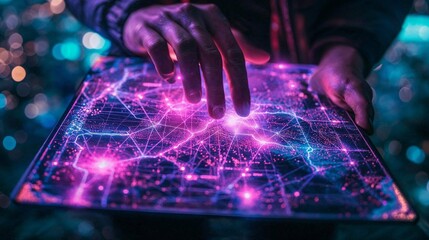 Close-up of a hand navigating a neon smart city map on a digital tablet in a dark environment