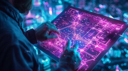 Person using an illuminated touchscreen with a neon-lit city map layout, depicting smart city concepts - obrazy, fototapety, plakaty