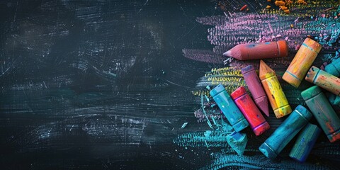Colorful chalks are arranged on an empty blackboard background, space for copy