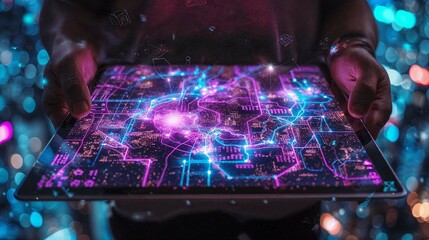 Focused on a digital map showcasing an intricate urban infrastructure with a neon aesthetic