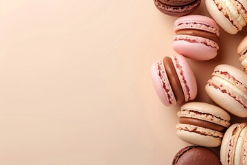 Luxurious confectionery brand showcasing French macaroons on a chic Parisian cafÃ background - obrazy, fototapety, plakaty