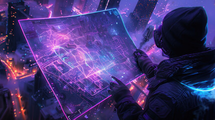 Cyberpunk scene with a person inspecting an interactive, glowing city map on a transparent screen