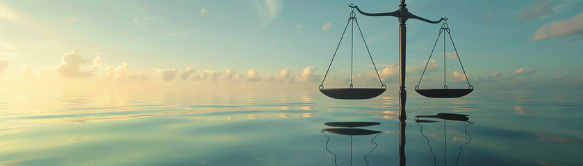 Abstract visualization of balance scales in equilibrium over a tranquil sea, symbolizing calm amidst complexity