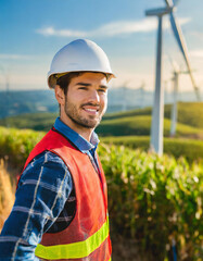 Worker in safety gear observes wind turbines amidst green hills under a clear sky. Generative Ai