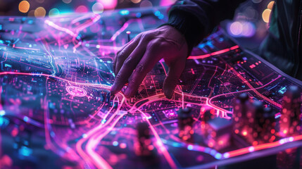 Detail of a fingertip touching a vivid digital map interface representing a high-tech circuit city landscape