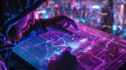 A mysterious person examines a glowing, intricate circuit board, symbolizing advanced technology and innovation
