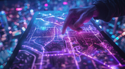 The image captures a finger poised over a glowing urban grid, suggesting high-tech navigation and city planning