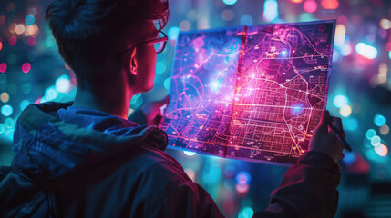 A man examines an illuminated futuristic map with neon city grid lines against a visually rich, bokeh-filled background
