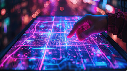 A hand points at a detailed neon-lit city map on a large interactive touchscreen, implying state-of-the-art urban planning