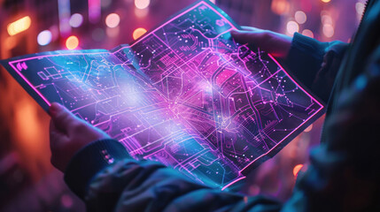 Hands holding a transparent digital tablet showcasing a neon-lit urban map, emphasizing modern technology and design
