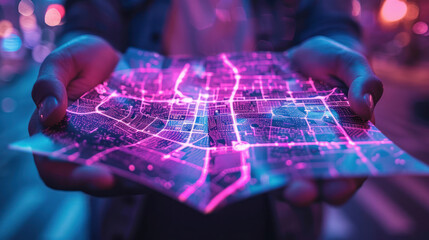 Hands present a luminous city map, showcasing neon lines of connectivity amidst an urban bokeh effect - obrazy, fototapety, plakaty
