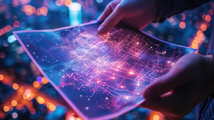Close-up image captures hands holding a glowing city map with an intricate network of connectivity in a neon urban environment