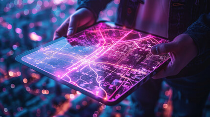 An individual holds a transparent tablet displaying a futuristic city map with neon connectivity lines