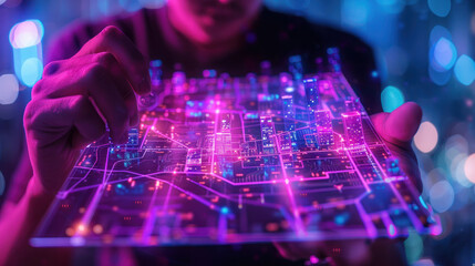 A detailed visual concept of a person interacting with a 3D holographic projection of a neon city map highlighting urban development