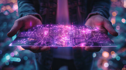 An image portraying hands presenting a shimmering, virtual city plan, symbolizing advanced urban planning and futuristic technology