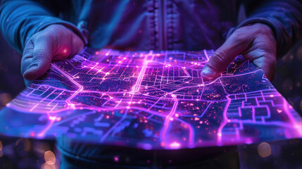 The image depicts a person's hands holding a vibrant neon-lit map highlighting futuristic urban exploration and smart city concept